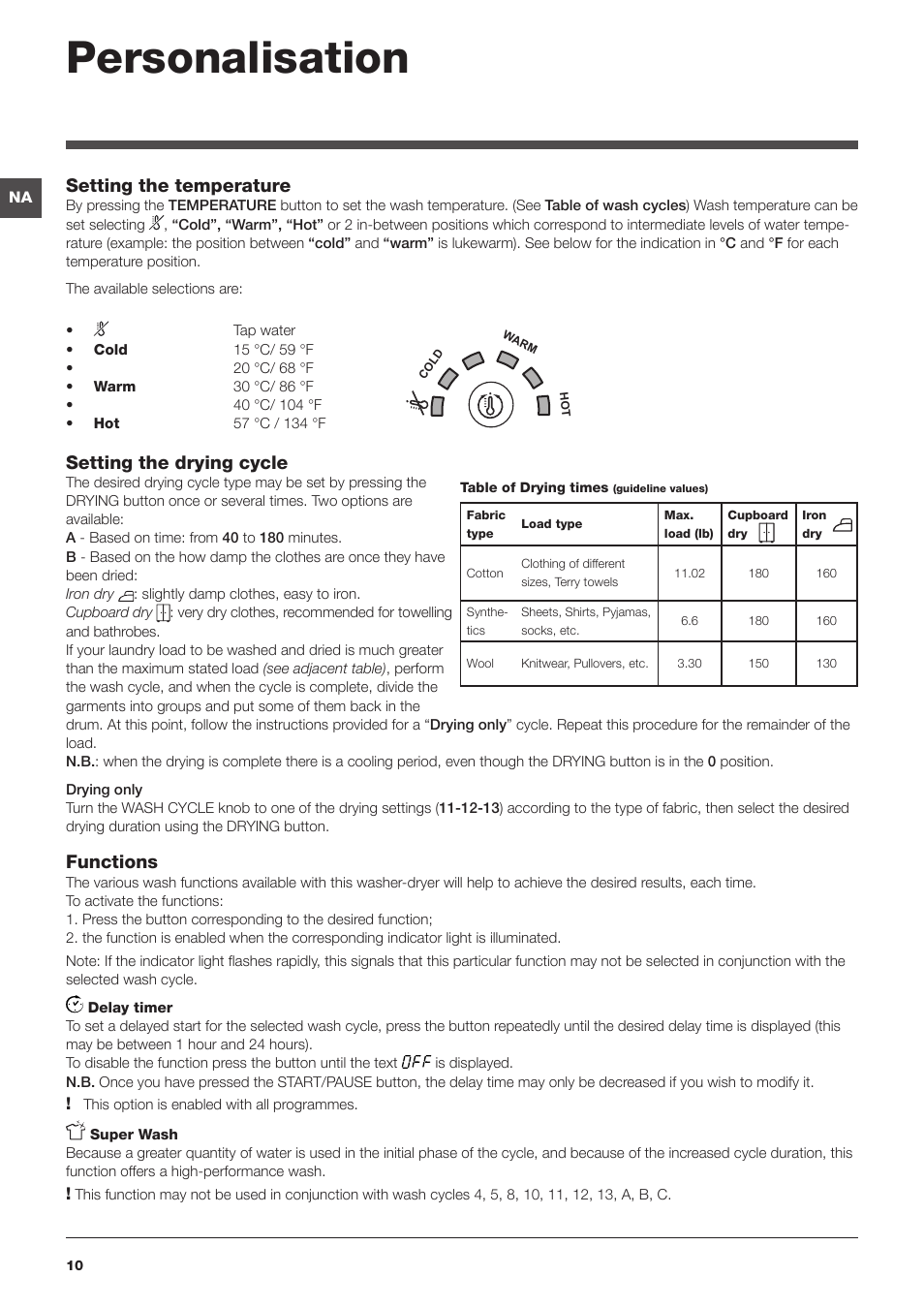 Personalisation, Setting the temperature, Setting the drying cycle | Functions | Summit ARWDF129SNA User Manual | Page 10 / 56