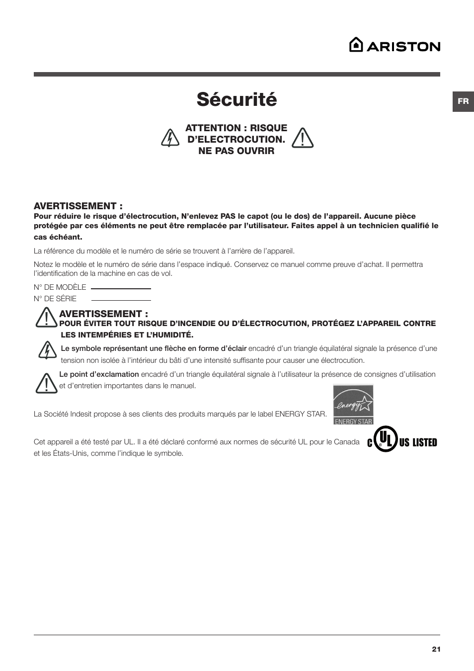 Sécurité | Summit ARWDF129SNA User Manual | Page 21 / 56