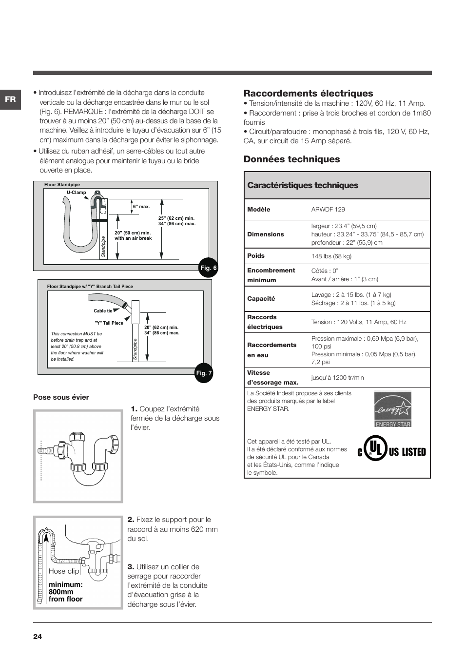 Us listed, Raccordements électriques, Données techniques | Caractéristiques techniques | Summit ARWDF129SNA User Manual | Page 24 / 56