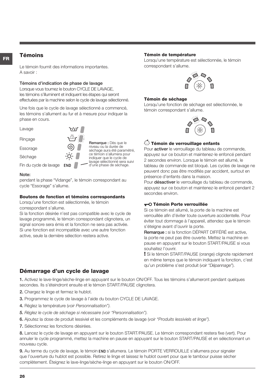 Témoins, Démarrage d’un cycle de lavage | Summit ARWDF129SNA User Manual | Page 26 / 56