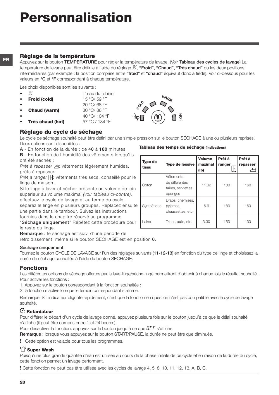 Personnalisation, Réglage de la température, Réglage du cycle de séchage | Fonctions | Summit ARWDF129SNA User Manual | Page 28 / 56