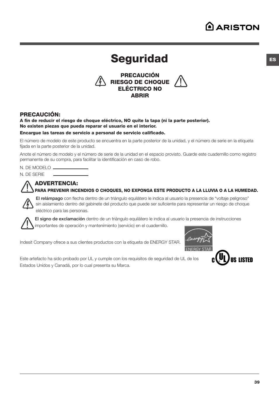 Seguridad | Summit ARWDF129SNA User Manual | Page 39 / 56
