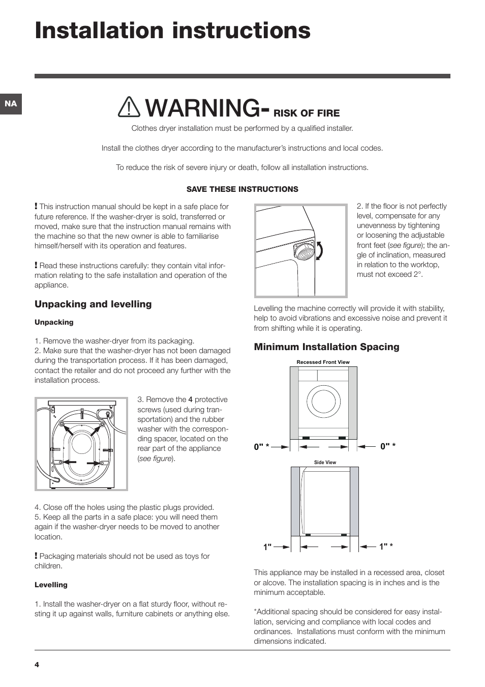 Warning, Installation instructions | Summit ARWDF129SNA User Manual | Page 4 / 56