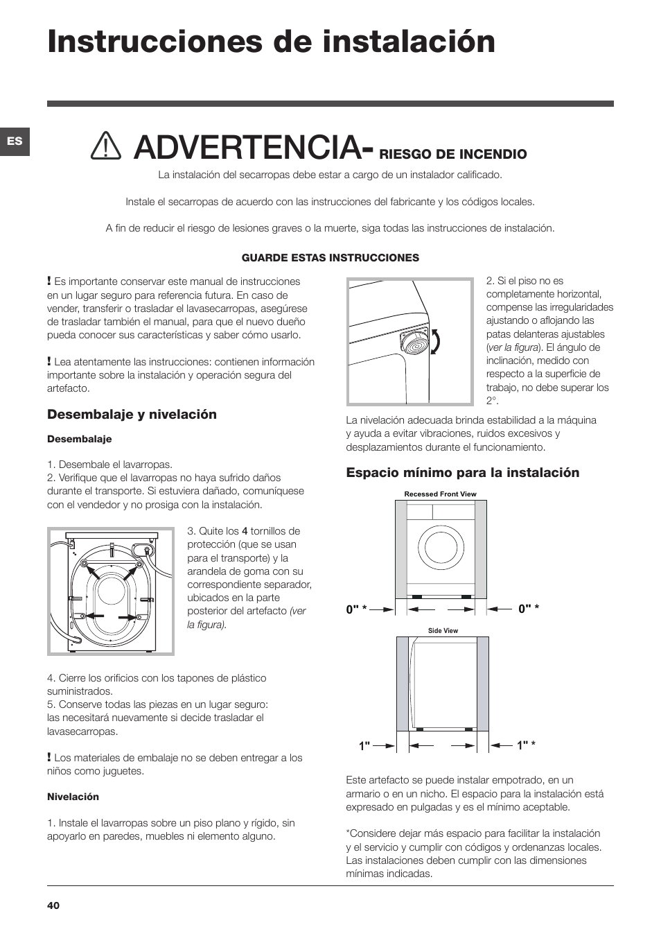 Advertencia, Instrucciones de instalación | Summit ARWDF129SNA User Manual | Page 40 / 56