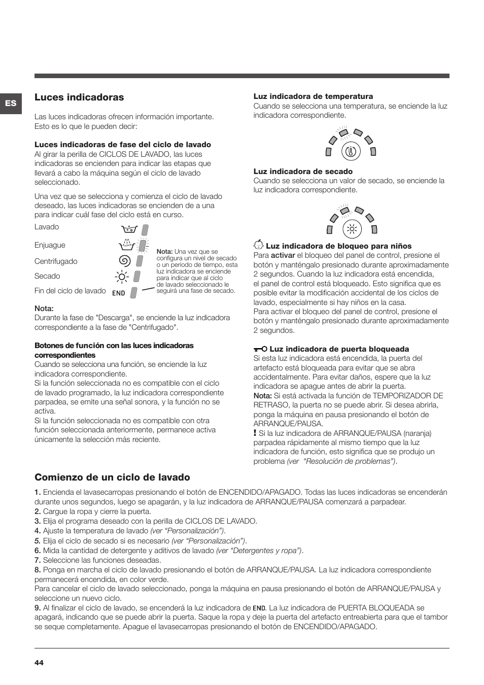 Luces indicadoras, Comienzo de un ciclo de lavado | Summit ARWDF129SNA User Manual | Page 44 / 56