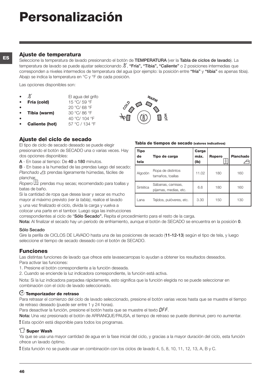 Personalización, Ajuste de temperatura, Ajuste del ciclo de secado | Funciones | Summit ARWDF129SNA User Manual | Page 46 / 56
