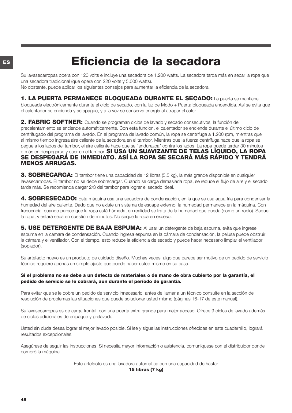Eficiencia de la secadora | Summit ARWDF129SNA User Manual | Page 48 / 56