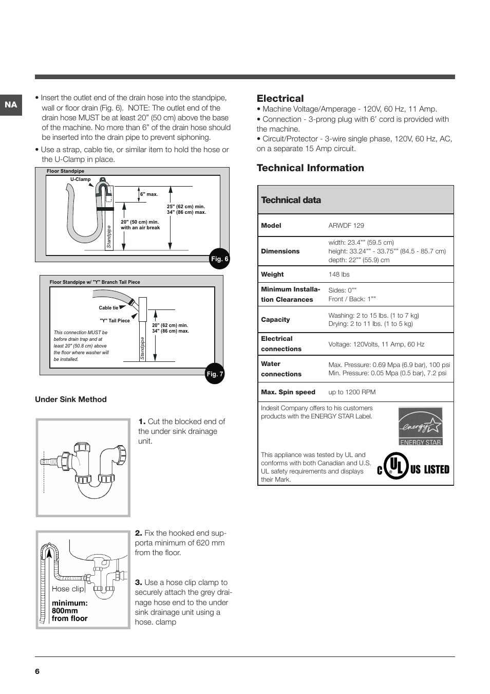 Us listed, Electrical, Technical information | Technical data | Summit ARWDF129SNA User Manual | Page 6 / 56