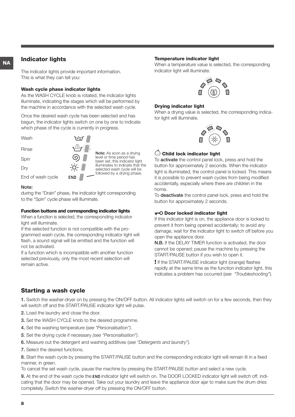 Indicator lights, Starting a wash cycle | Summit ARWDF129SNA User Manual | Page 8 / 56