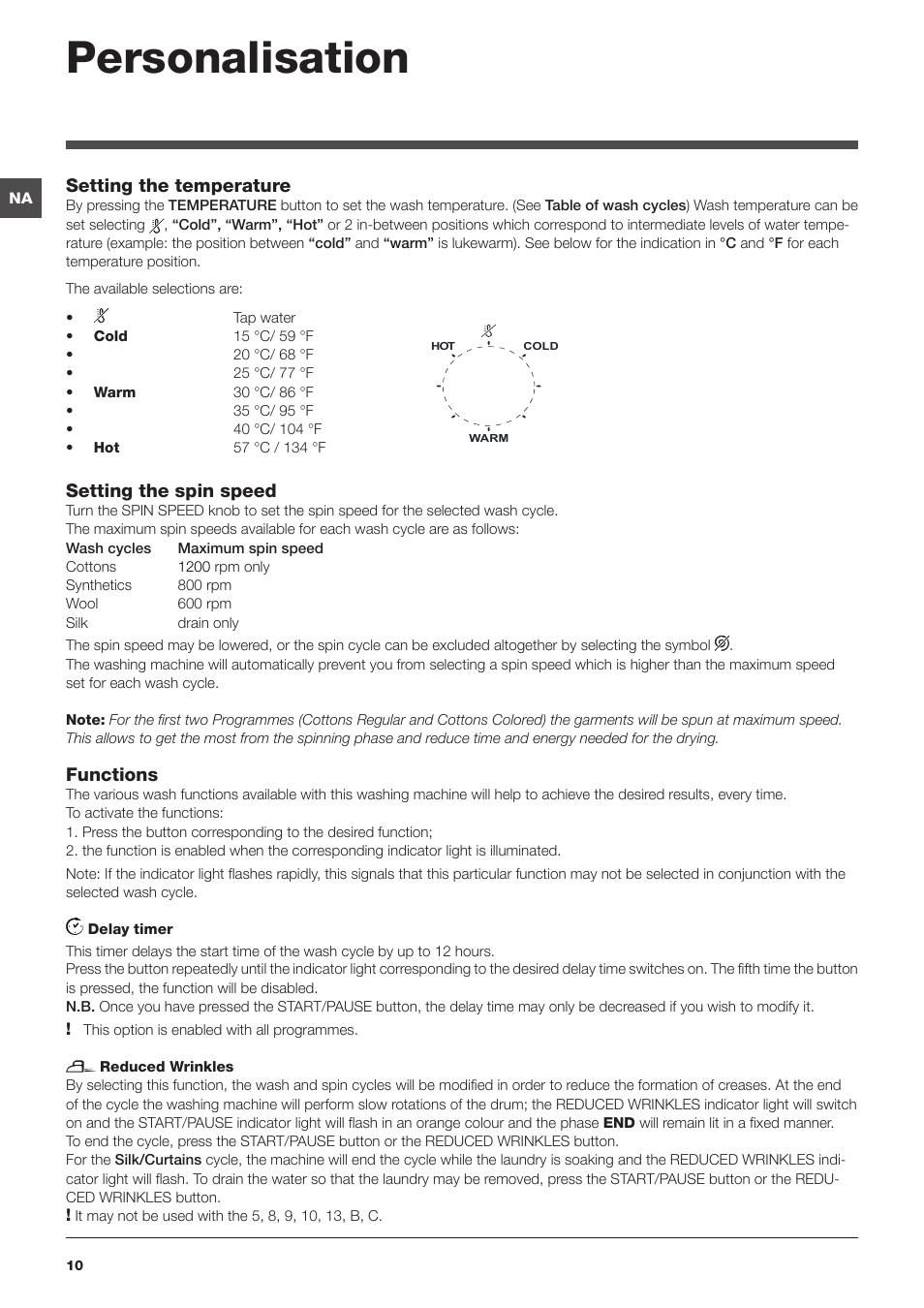 Personalisation, Setting the temperature, Setting the spin speed | Functions | Summit ARWL129NA User Manual | Page 10 / 56