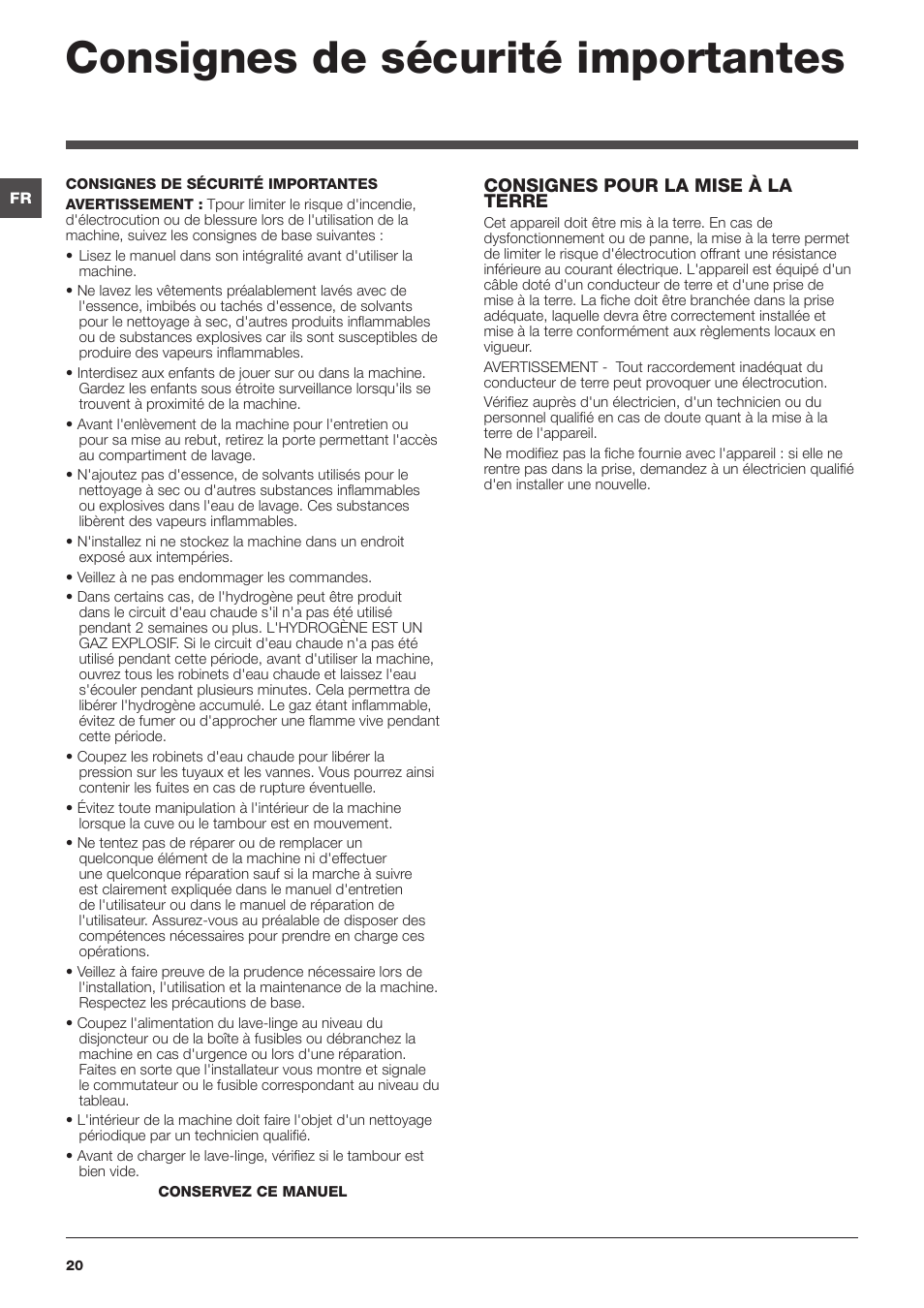 Consignes de sécurité importantes, Consignes pour la mise à la terre | Summit ARWL129NA User Manual | Page 20 / 56