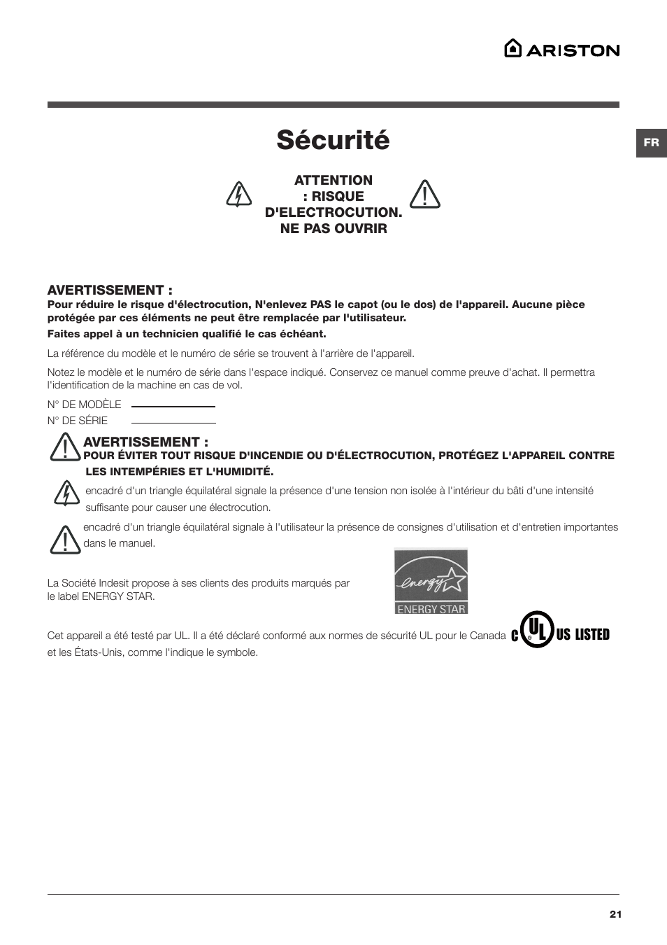 Sécurité | Summit ARWL129NA User Manual | Page 21 / 56