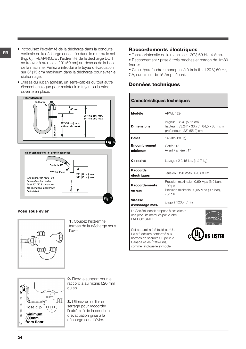 Us listed, Raccordements électriques, Données techniques | Caractéristiques techniques | Summit ARWL129NA User Manual | Page 24 / 56