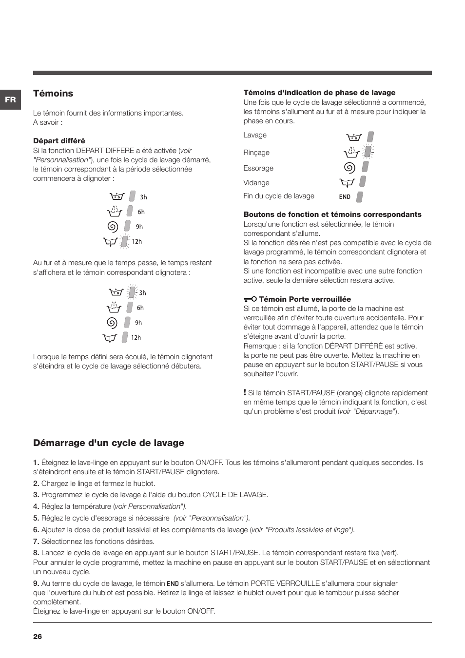 Témoins, Démarrage d'un cycle de lavage | Summit ARWL129NA User Manual | Page 26 / 56