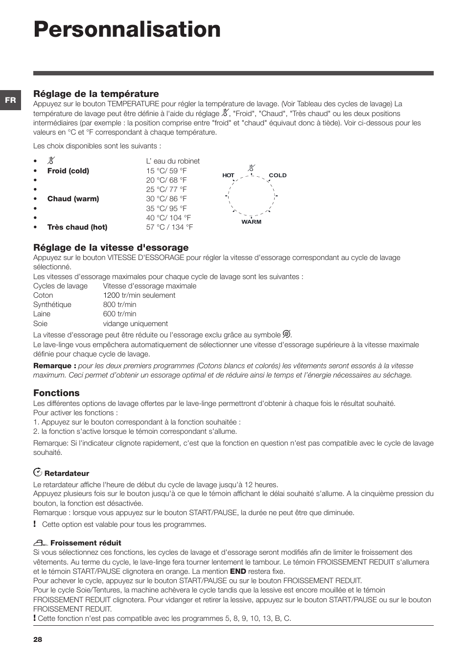 Personnalisation, Réglage de la température, Réglage de la vitesse d'essorage | Fonctions | Summit ARWL129NA User Manual | Page 28 / 56