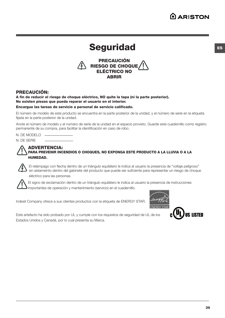 Seguridad | Summit ARWL129NA User Manual | Page 39 / 56