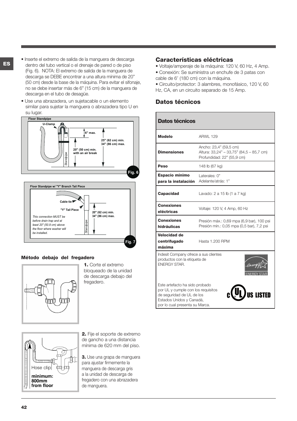 Us listed, Características eléctricas, Datos técnicos | Summit ARWL129NA User Manual | Page 42 / 56