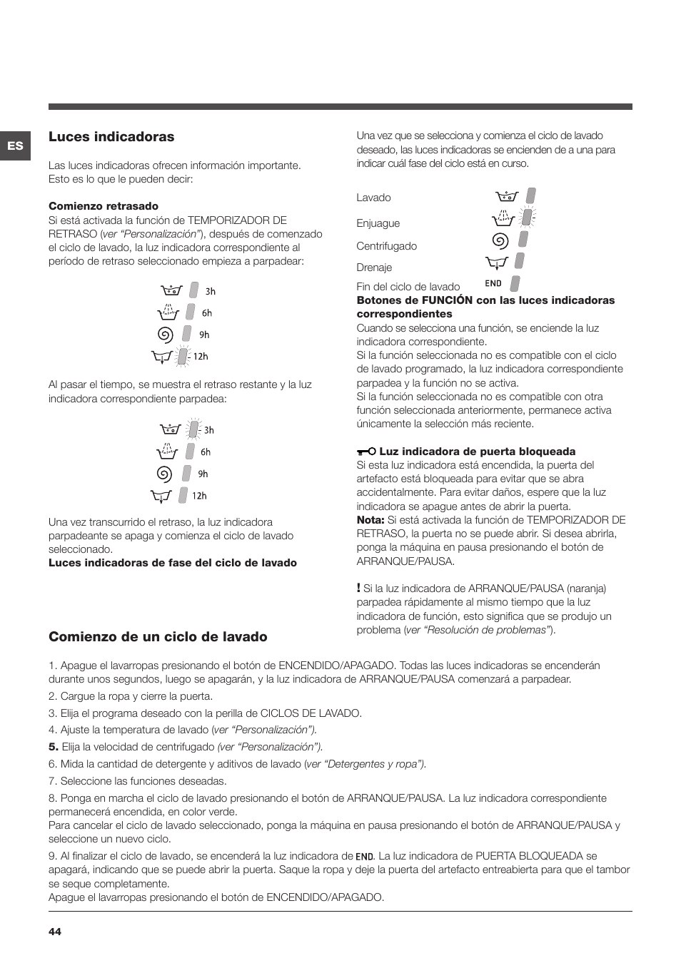 Luces indicadoras, Comienzo de un ciclo de lavado | Summit ARWL129NA User Manual | Page 44 / 56
