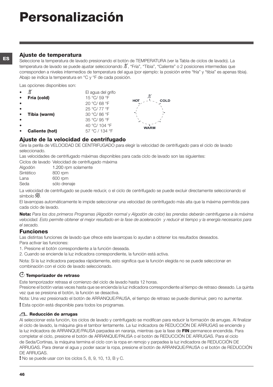 Personalización, Ajuste de temperatura, Ajuste de la velocidad de centrifugado | Funciones | Summit ARWL129NA User Manual | Page 46 / 56