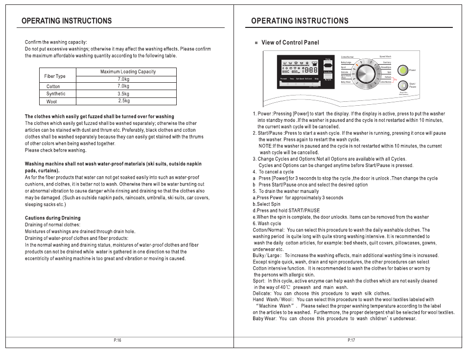 Operating instructions, View of control panel | Summit SPWD2200 User Manual | Page 9 / 15