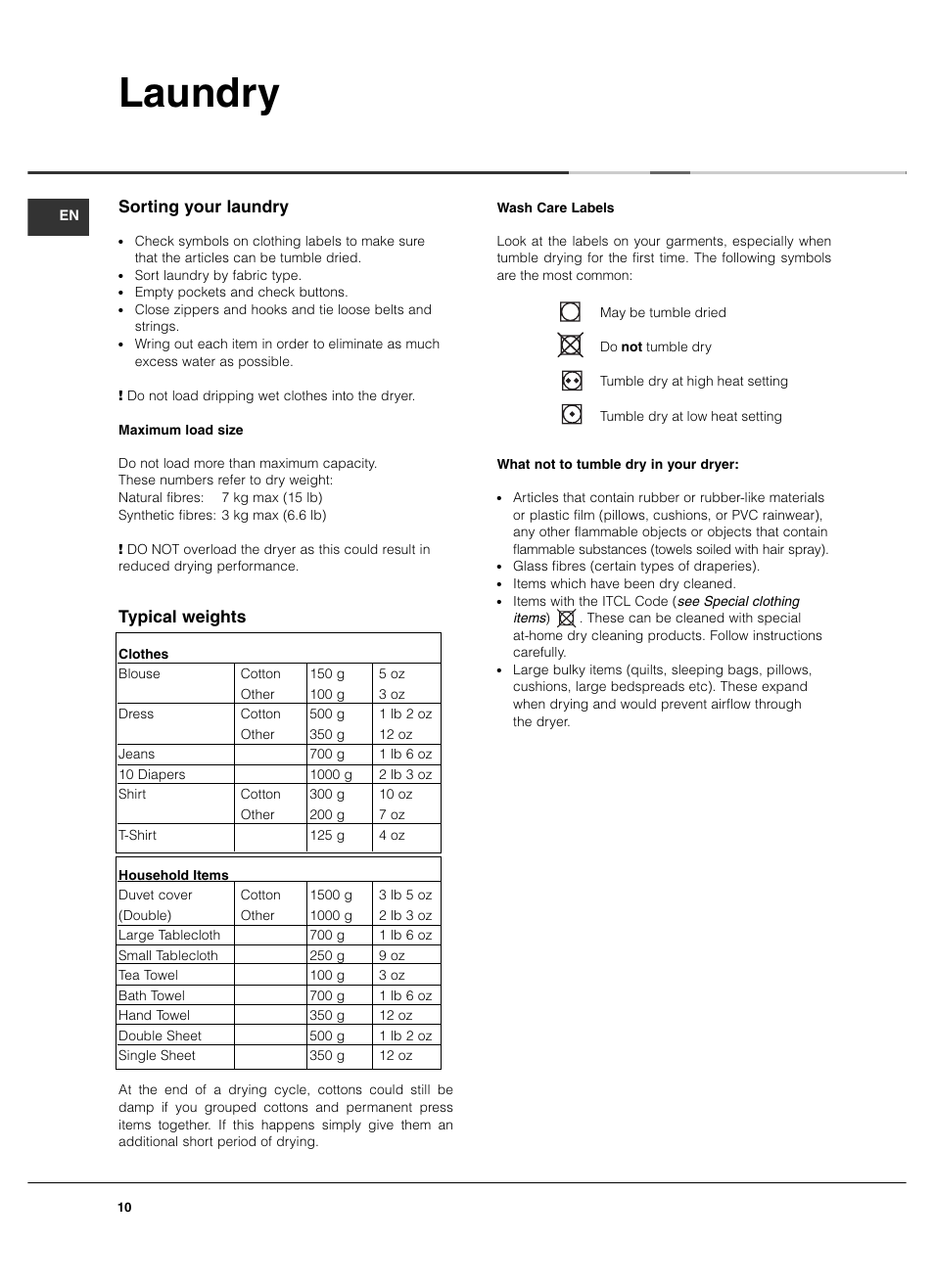 Laundry, Sorting your laundry, Typical weights | Summit TCL73XNAADA User Manual | Page 10 / 44