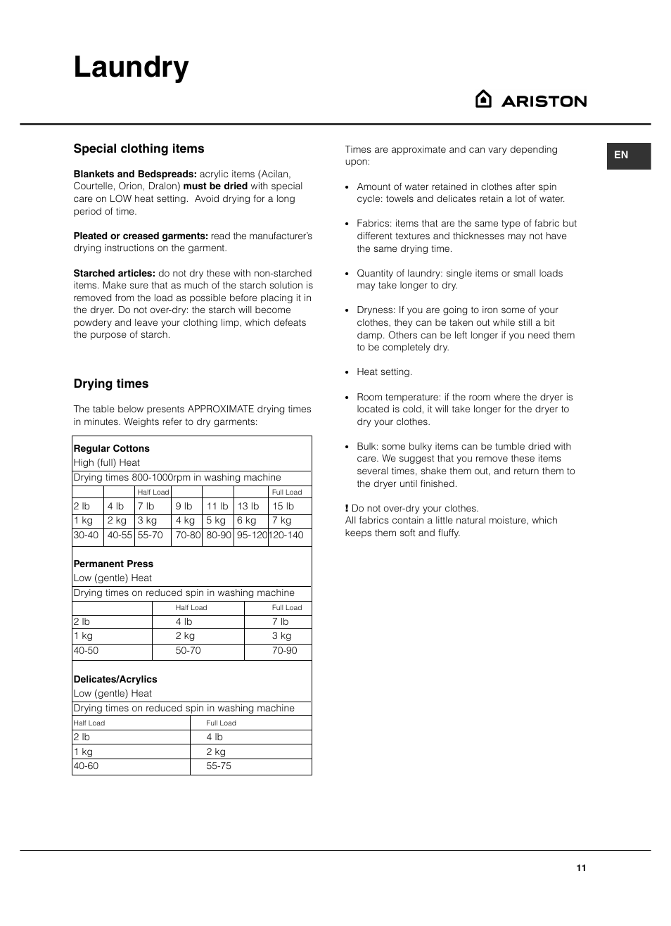 Laundry, Special clothing items, Drying times | Summit TCL73XNAADA User Manual | Page 11 / 44