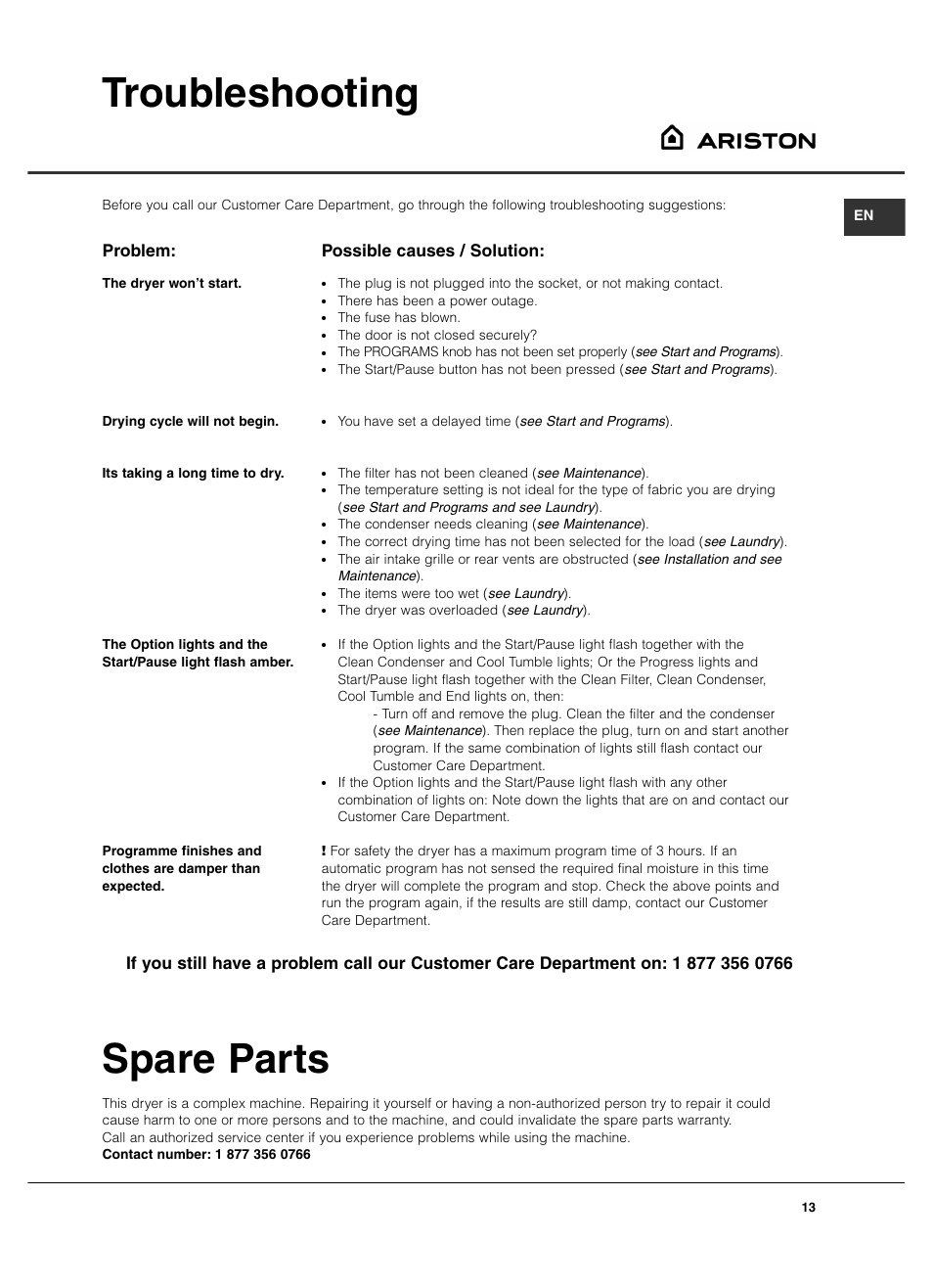 Troubleshooting, Spare parts, Problem | Possible causes / solution | Summit TCL73XNAADA User Manual | Page 13 / 44