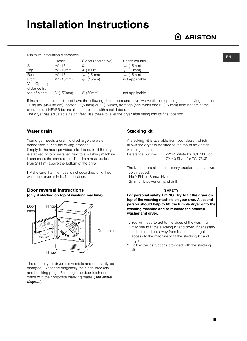Installation instructions, Stacking kit, Water drain | Door reversal instructions | Summit TCL73XNAADA User Manual | Page 15 / 44