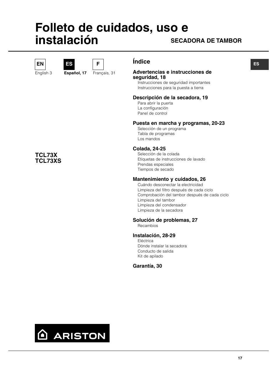 Folleto de cuidados, uso e instalación, Índice secadora de tambor tcl73x tcl73xs | Summit TCL73XNAADA User Manual | Page 17 / 44