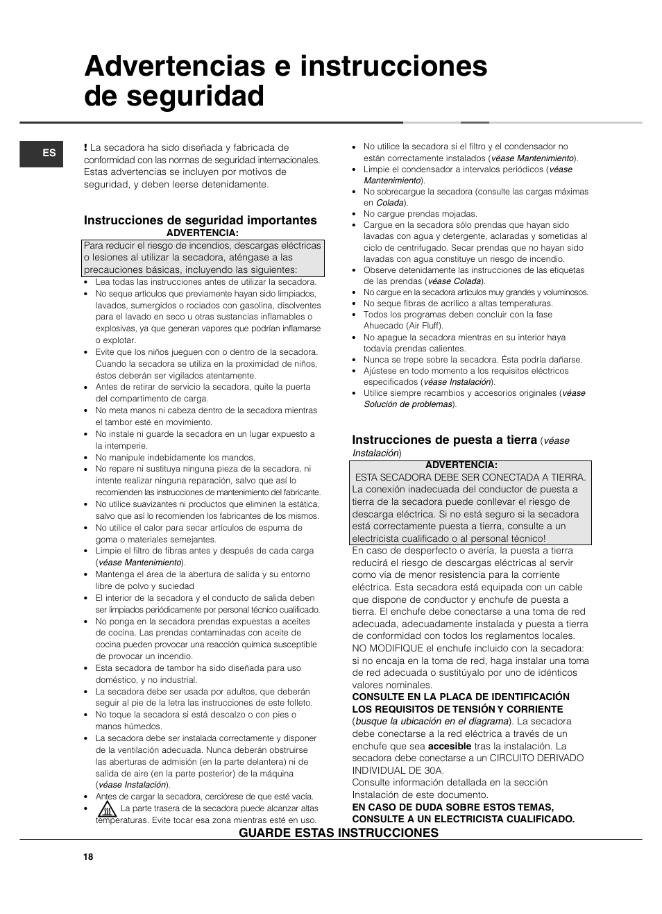 Advertencias e instrucciones de seguridad, Instrucciones de seguridad importantes, Instrucciones de puesta a tierra | Guarde estas instrucciones | Summit TCL73XNAADA User Manual | Page 18 / 44