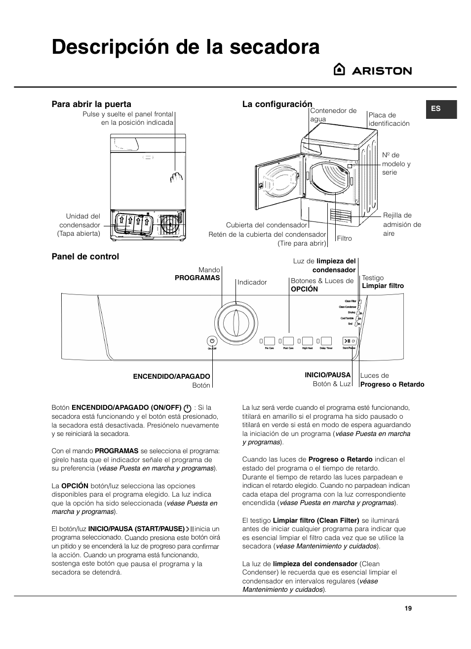 Descripción de la secadora, Panel de control, Para abrir la puerta la configuración | Summit TCL73XNAADA User Manual | Page 19 / 44