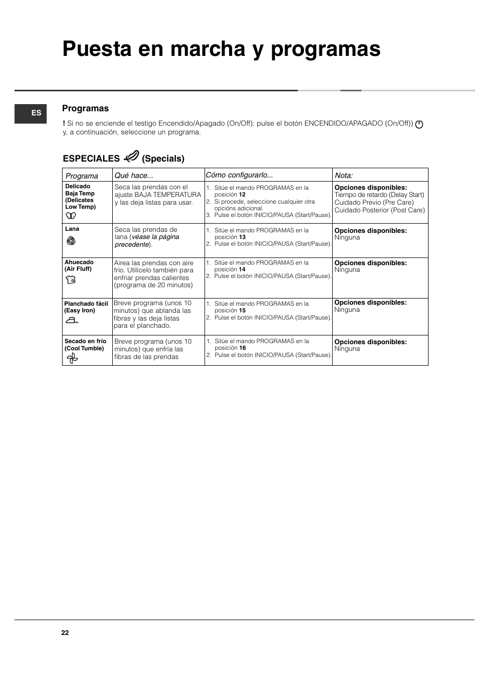 Puesta en marcha y programas, Programas, Especiales (specials) | Summit TCL73XNAADA User Manual | Page 22 / 44