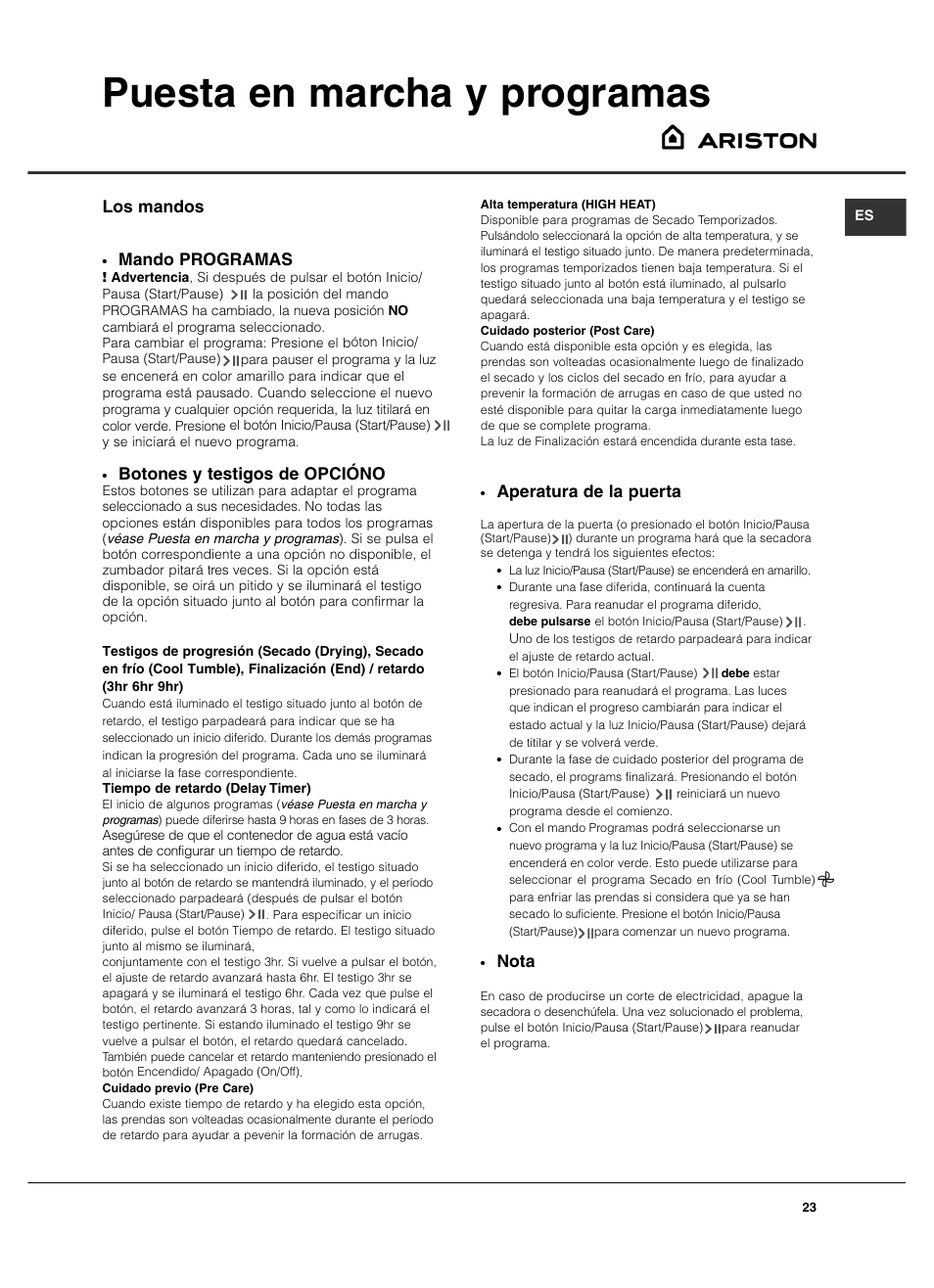 Puesta en marcha y programas, Aperatura de la puerta, Nota | Mando programas, Botones y testigos de opcióno, Los mandos | Summit TCL73XNAADA User Manual | Page 23 / 44