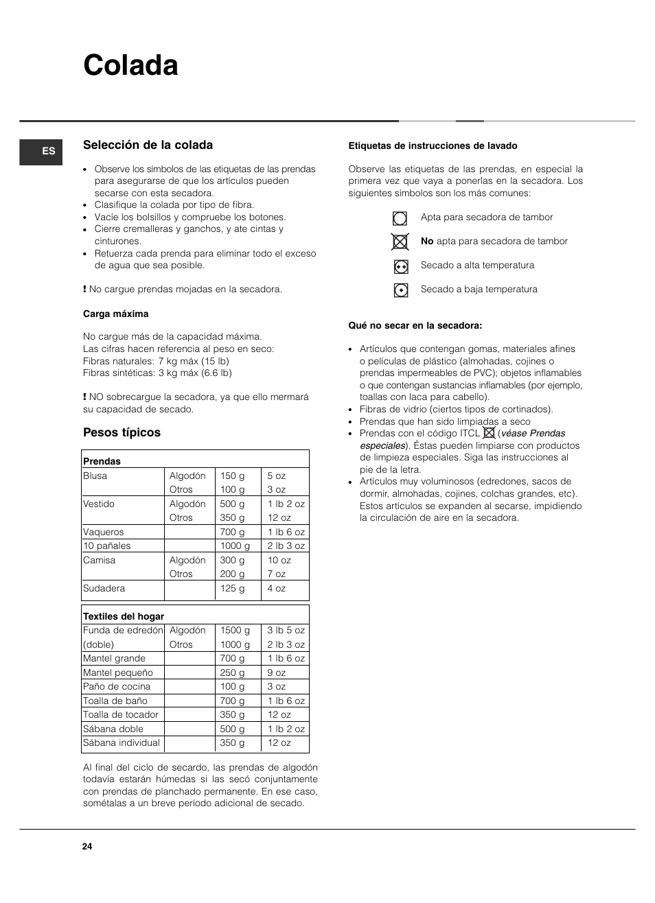 Colada, Selección de la colada, Pesos típicos | Summit TCL73XNAADA User Manual | Page 24 / 44