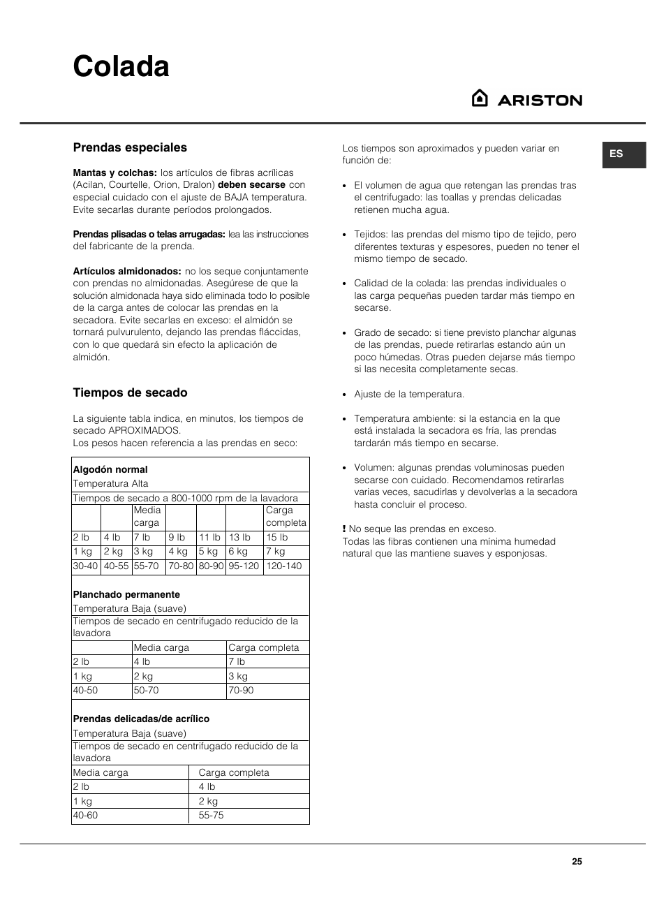 Colada, Prendas especiales, Tiempos de secado | Summit TCL73XNAADA User Manual | Page 25 / 44