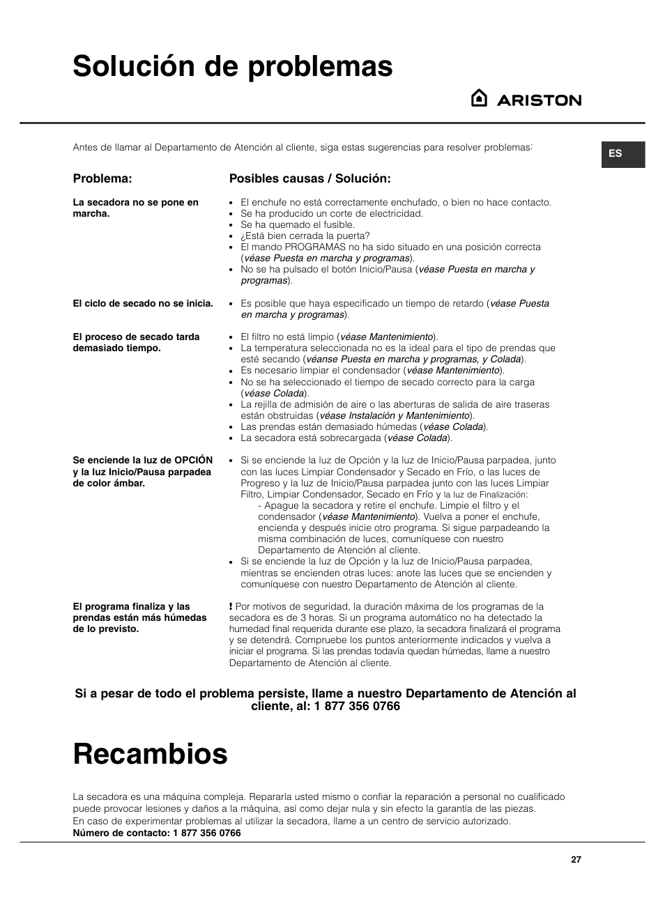 Solución de problemas, Recambios, Problema | Posibles causas / solución | Summit TCL73XNAADA User Manual | Page 27 / 44