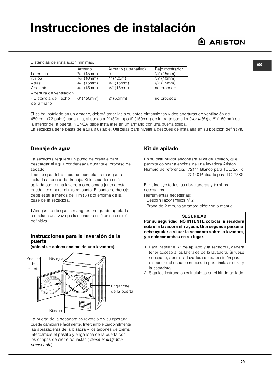 Instrucciones de instalación, Kit de apilado, Drenaje de agua | Instrucciones para la inversión de la puerta | Summit TCL73XNAADA User Manual | Page 29 / 44
