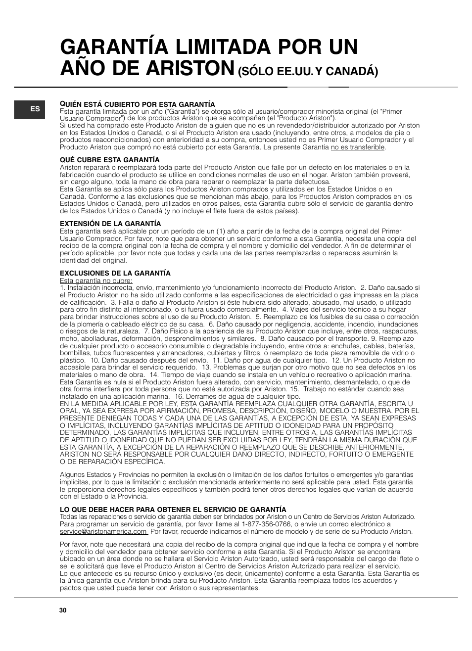 Garantía limitada por un año de ariston, Sólo ee.uu. y canadá) | Summit TCL73XNAADA User Manual | Page 30 / 44