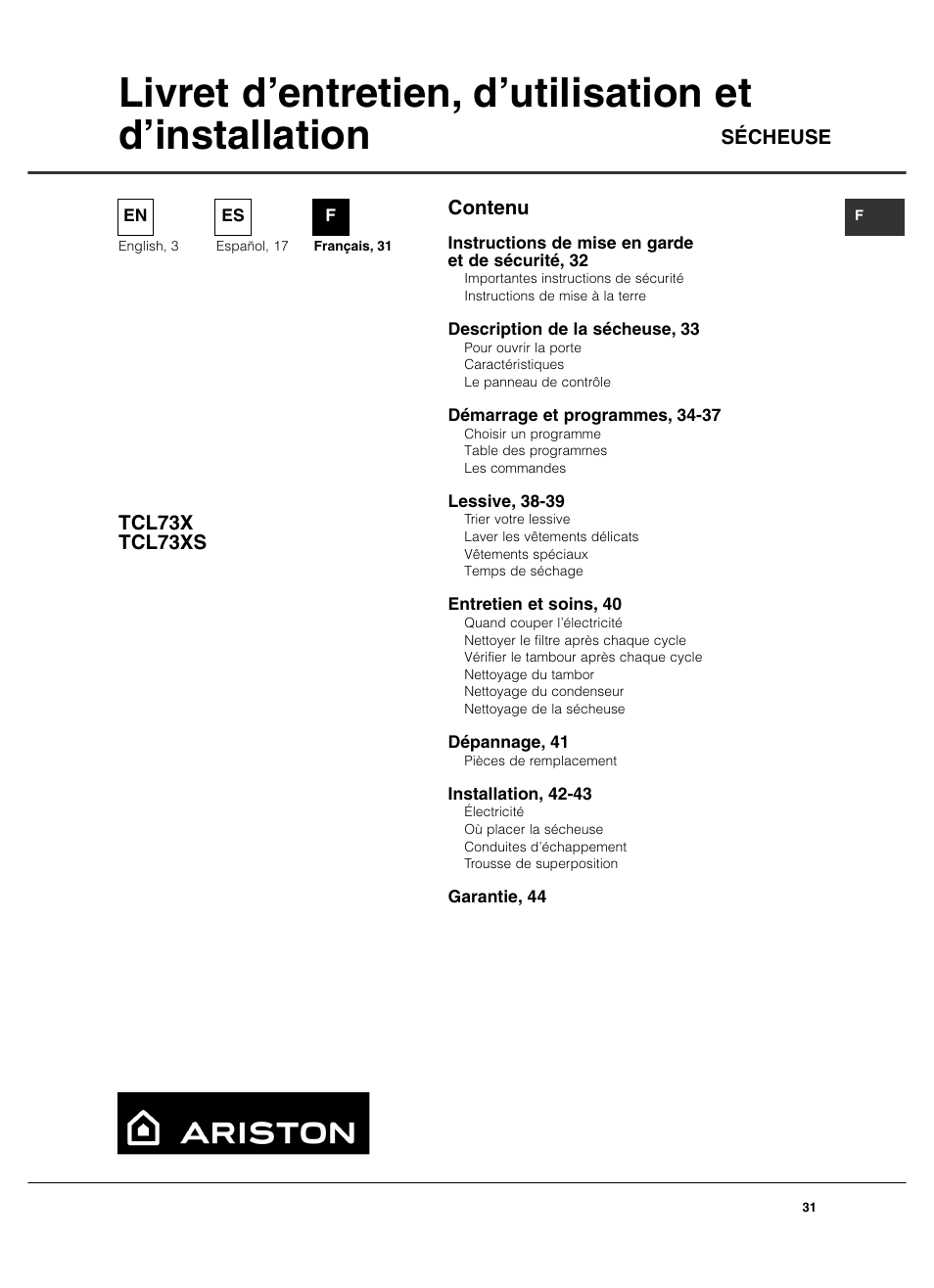 Contenu tcl73x tcl73xs, Sécheuse | Summit TCL73XNAADA User Manual | Page 31 / 44