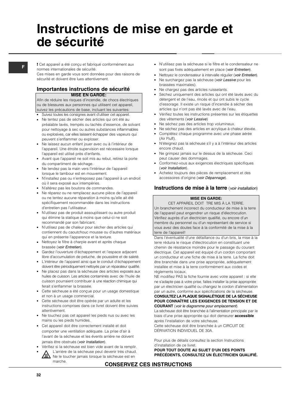Instructions de mise en garde et de sécurité, Importantes instructions de sécurité, Instructions de mise à la terre | Conservez ces instructions | Summit TCL73XNAADA User Manual | Page 32 / 44