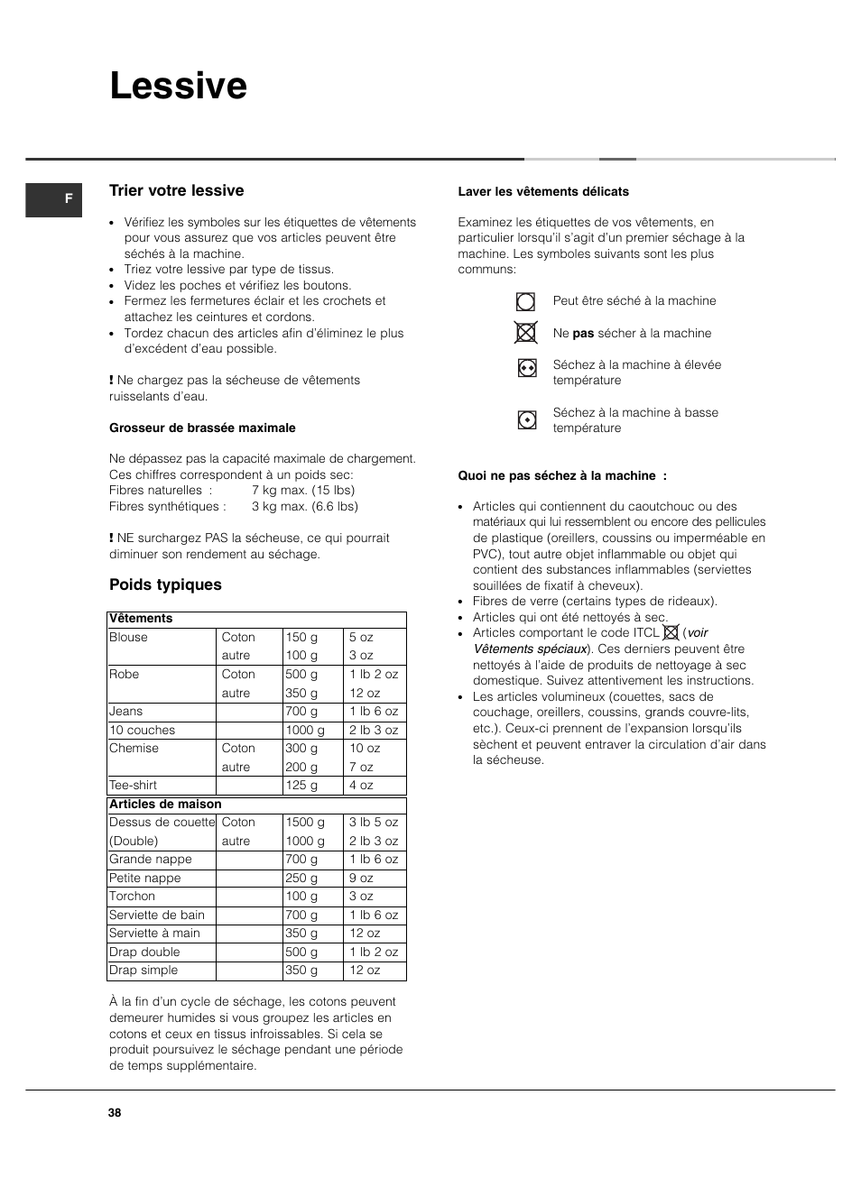 Lessive, Trier votre lessive, Poids typiques | Summit TCL73XNAADA User Manual | Page 38 / 44