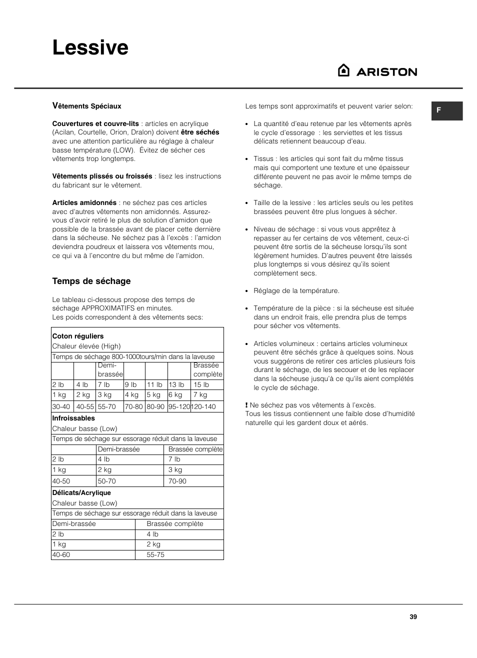 Lessive, Temps de séchage | Summit TCL73XNAADA User Manual | Page 39 / 44