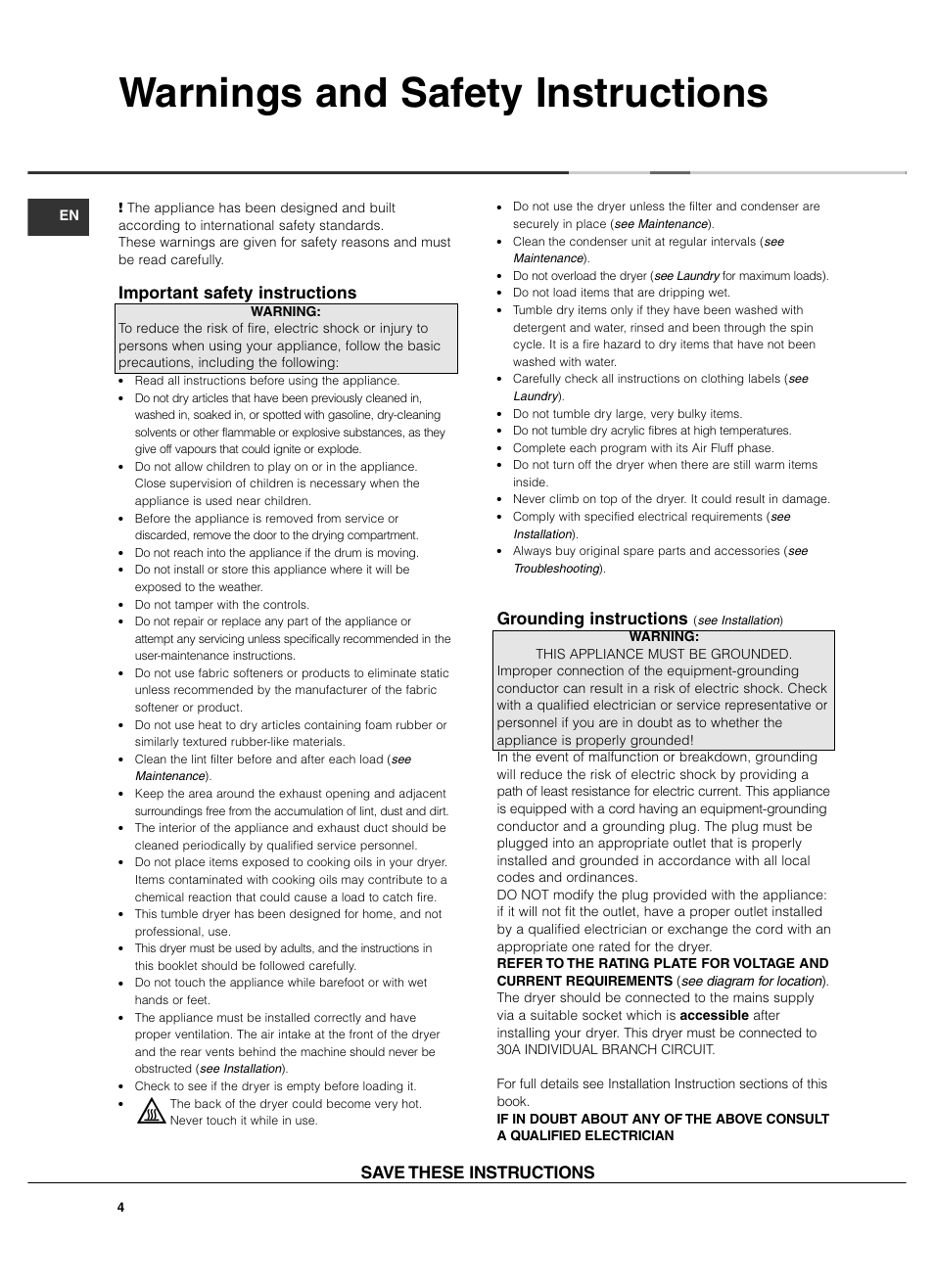Warnings and safety instructions, Important safety instructions, Grounding instructions | Save these instructions | Summit TCL73XNAADA User Manual | Page 4 / 44