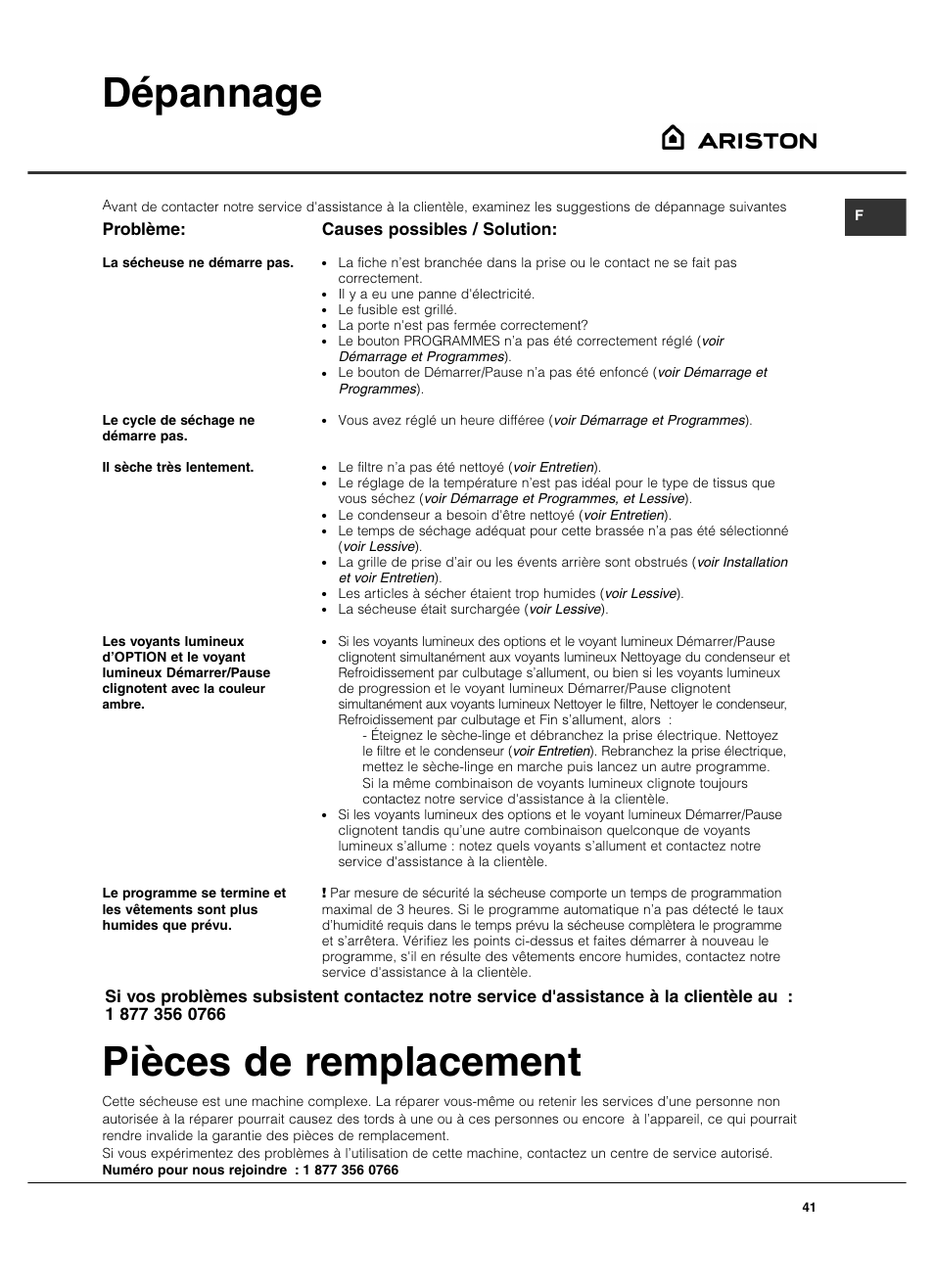 Dépannage, Pièces de remplacement, Problème | Causes possibles / solution | Summit TCL73XNAADA User Manual | Page 41 / 44