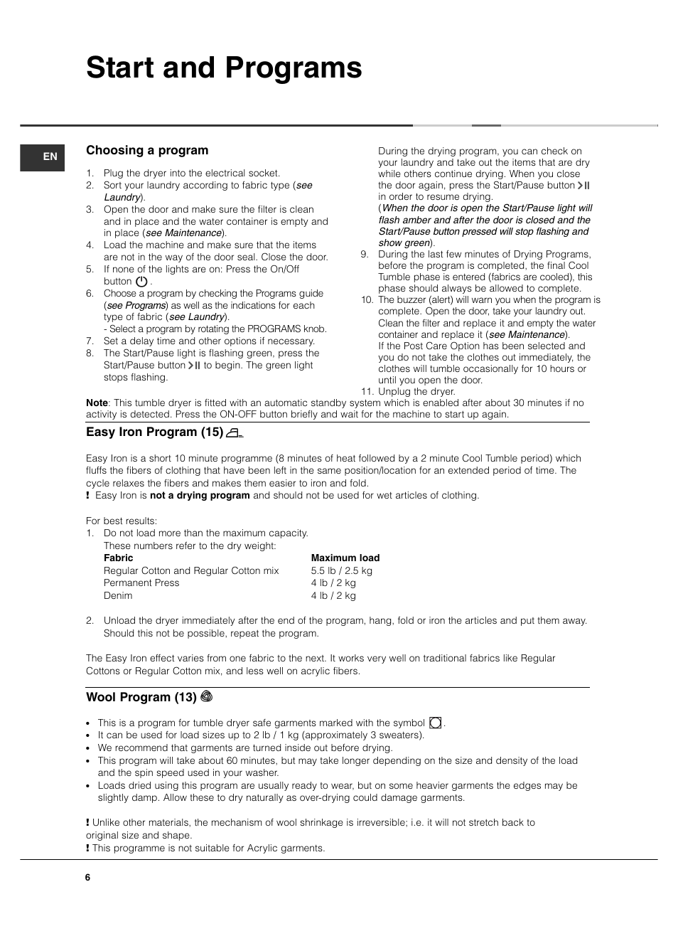 Start and programs, Choosing a program, Easy iron program (15) | Wool program (13) | Summit TCL73XNAADA User Manual | Page 6 / 44