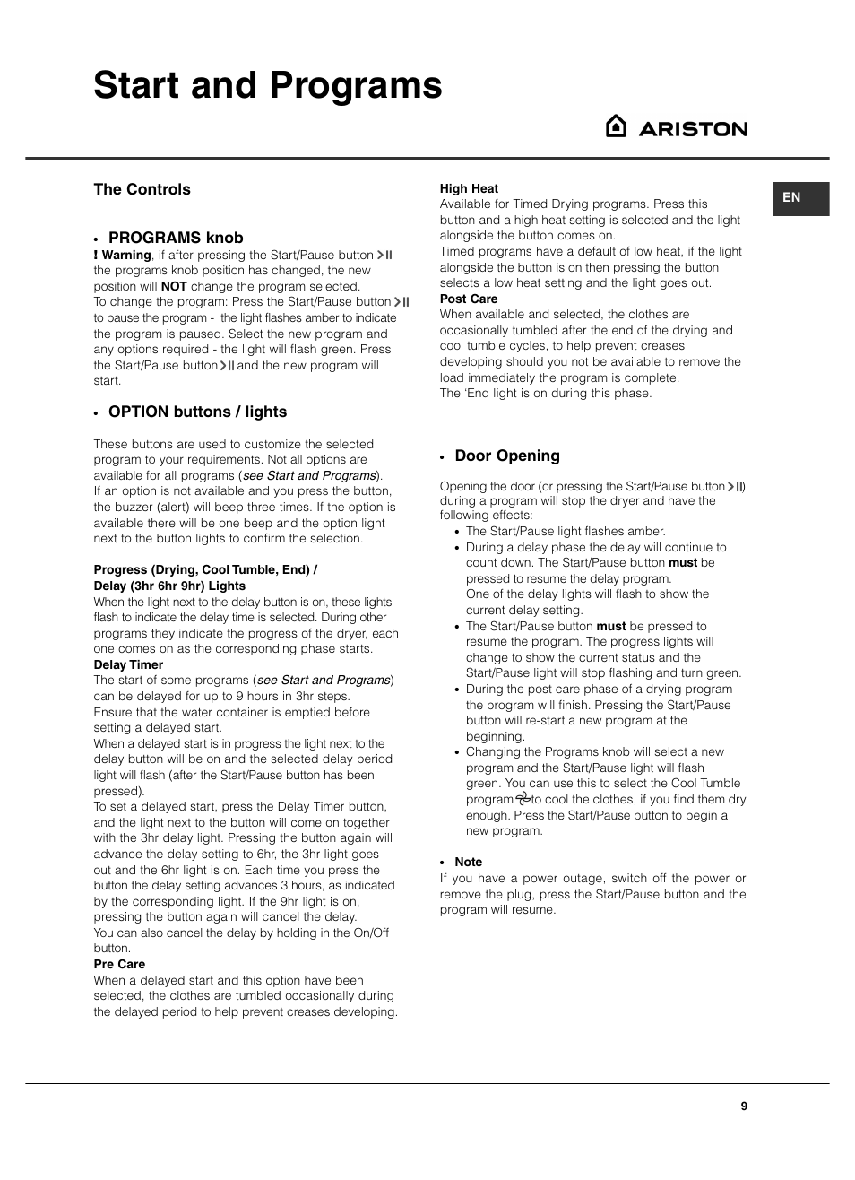 Start and programs, Door opening, Programs knob | Option buttons / lights, The controls | Summit TCL73XNAADA User Manual | Page 9 / 44