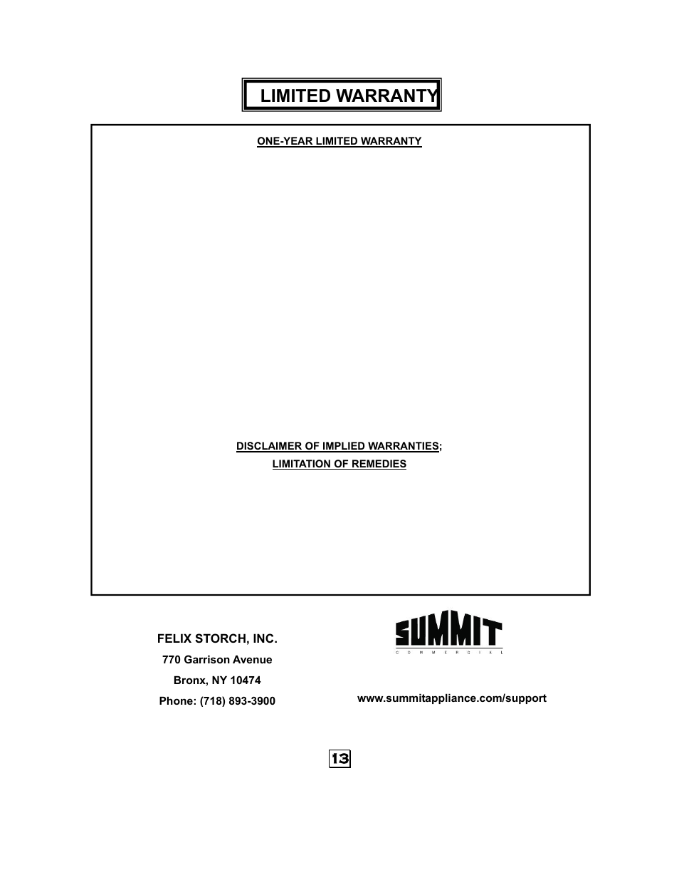 Limited warranty, Felix storch, inc | Summit SCM1000SS User Manual | Page 14 / 14