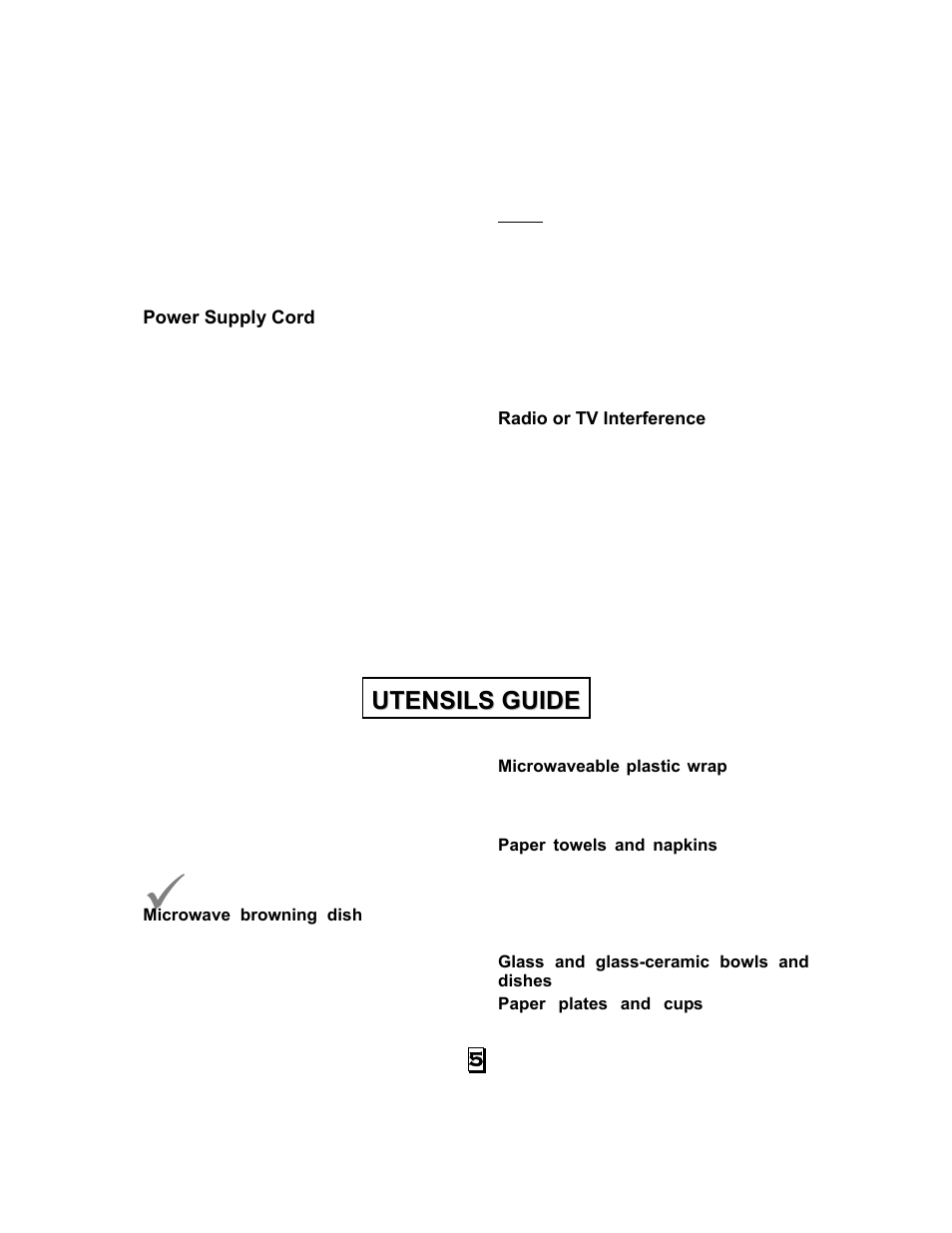 Power supply cord, Radio or tv interference, Utensils guide | Summit SCM1000SS User Manual | Page 6 / 14