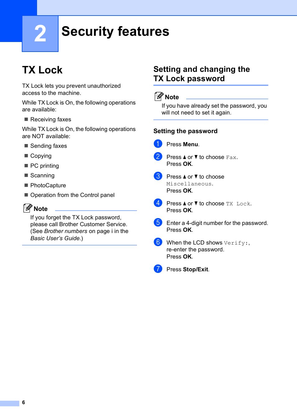 2 security features, Tx lock, Setting and changing the tx lock password | Setting the password, Security features | Brother MFC J415W User Manual | Page 12 / 59