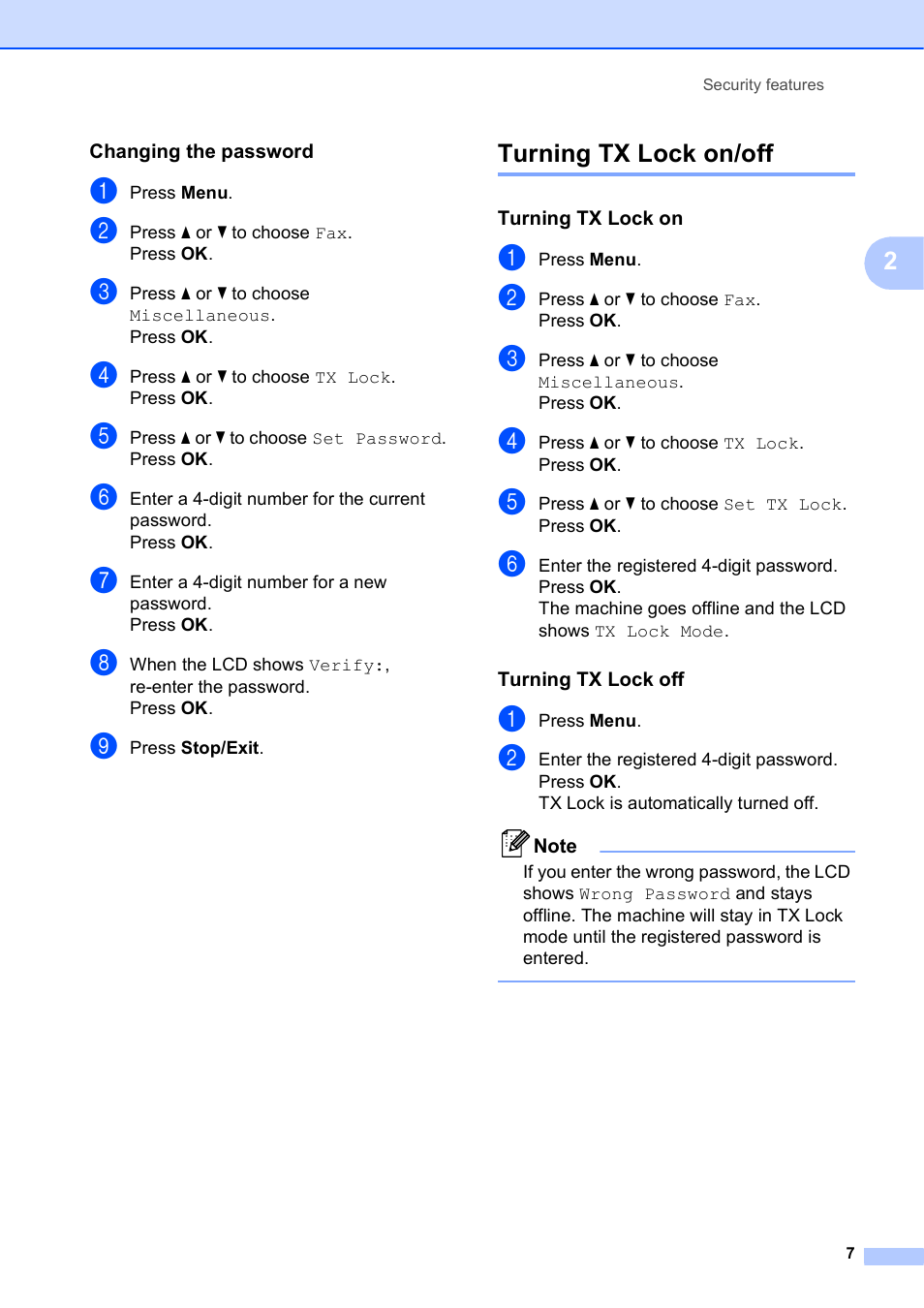 Changing the password, Turning tx lock on/off, Turning tx lock on | Turning tx lock off | Brother MFC J415W User Manual | Page 13 / 59